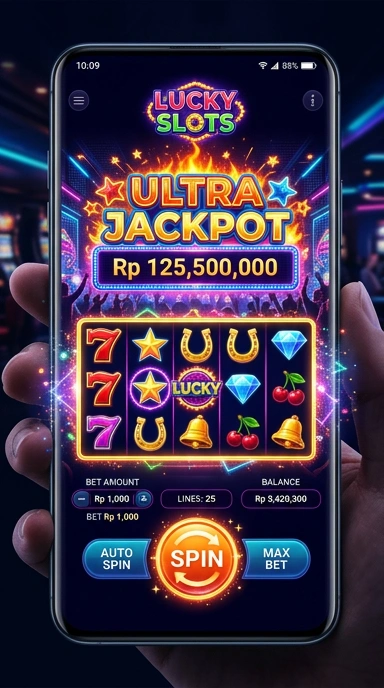 Screenshot dari aplikasi LuckySlots yang menunjukkan antarmuka pengguna yang menarik.